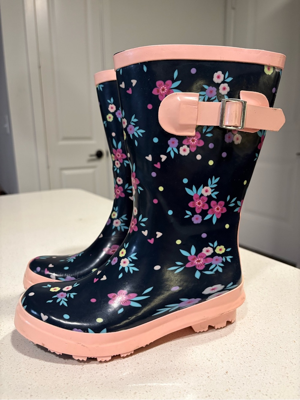 wonder nation Navy Floral Rain Boots with Pink Trim